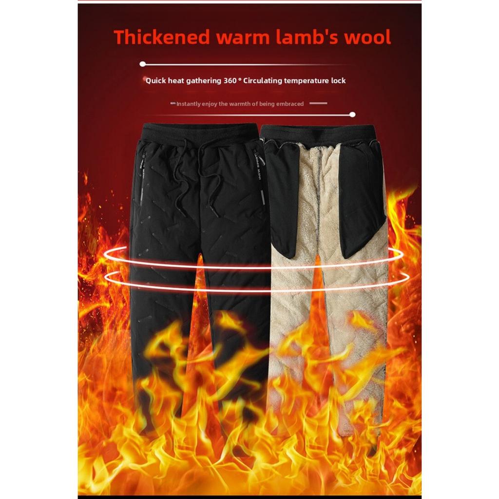 Lamb Flannel Cotton Pants with Added Fleece for Winter and Autumn, Men's Elastic Waisted Casual Pants for Warmth and Long Pants for Keeping Warm