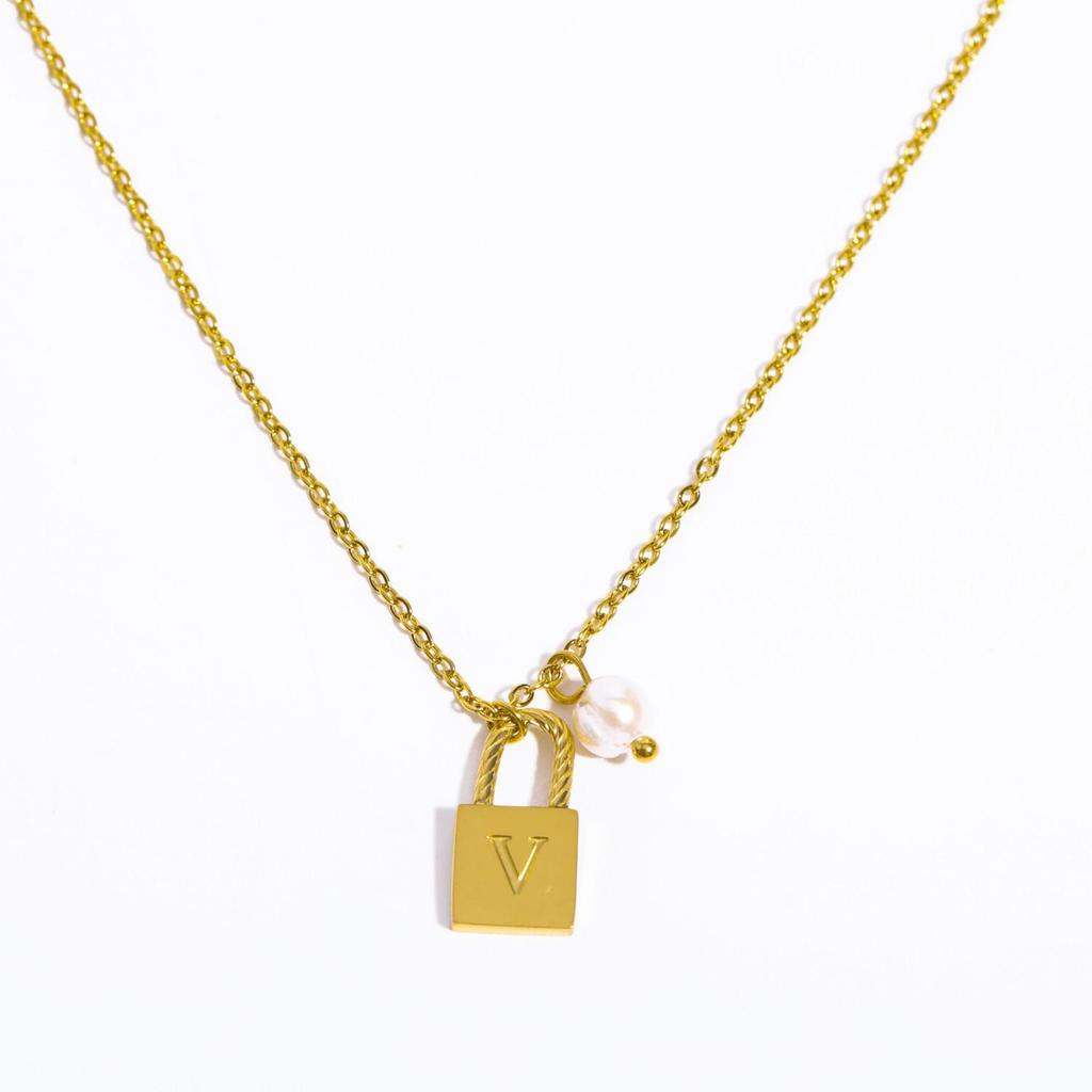 18K Gold Plated Pearl & Stainless Steel Zodiac Lock Pendant Necklace