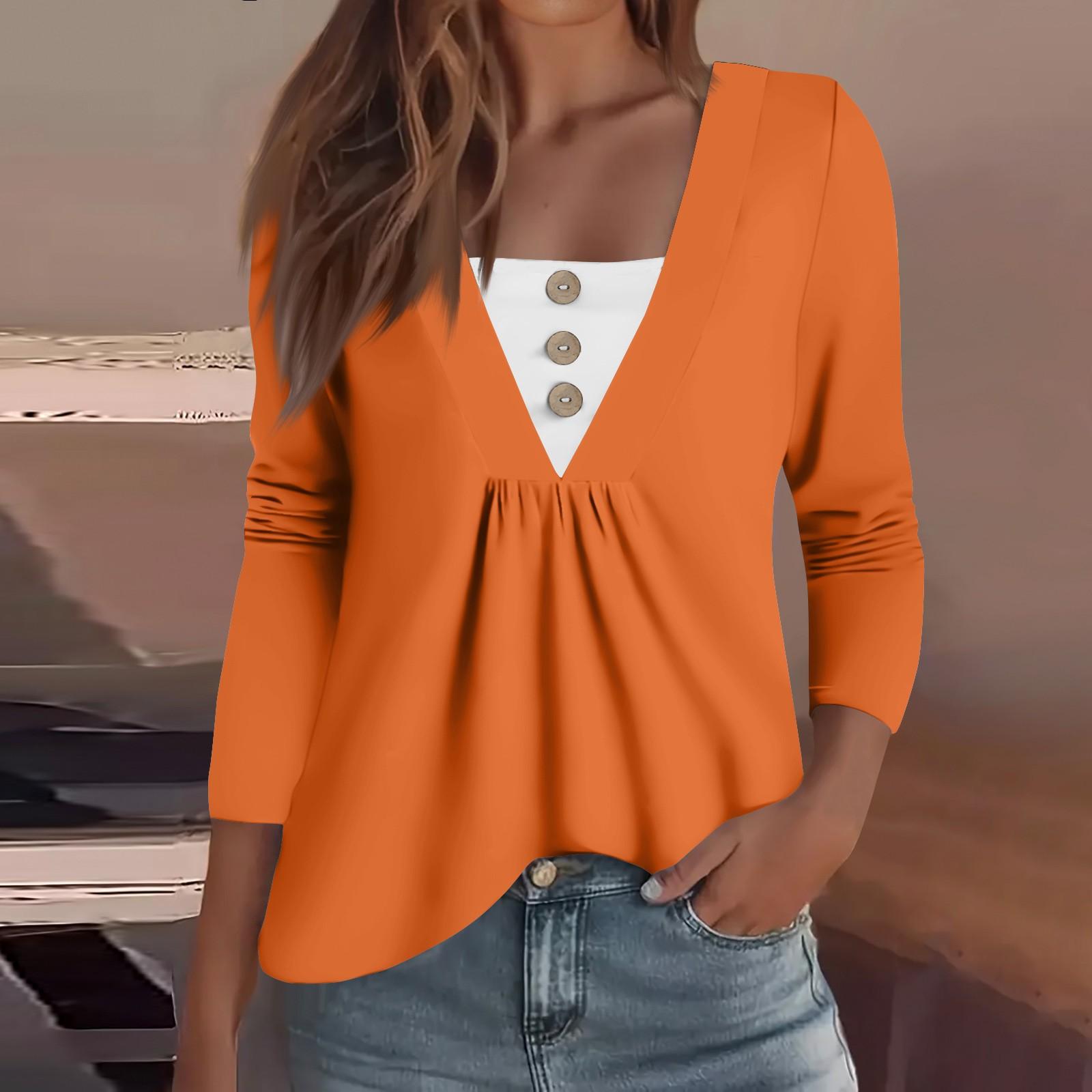 

Жіноча модна повсякденна сорочка з довгим рукавом, однотонні топи з V-подібним вирізом на ґудзиках XXL помаранчевий