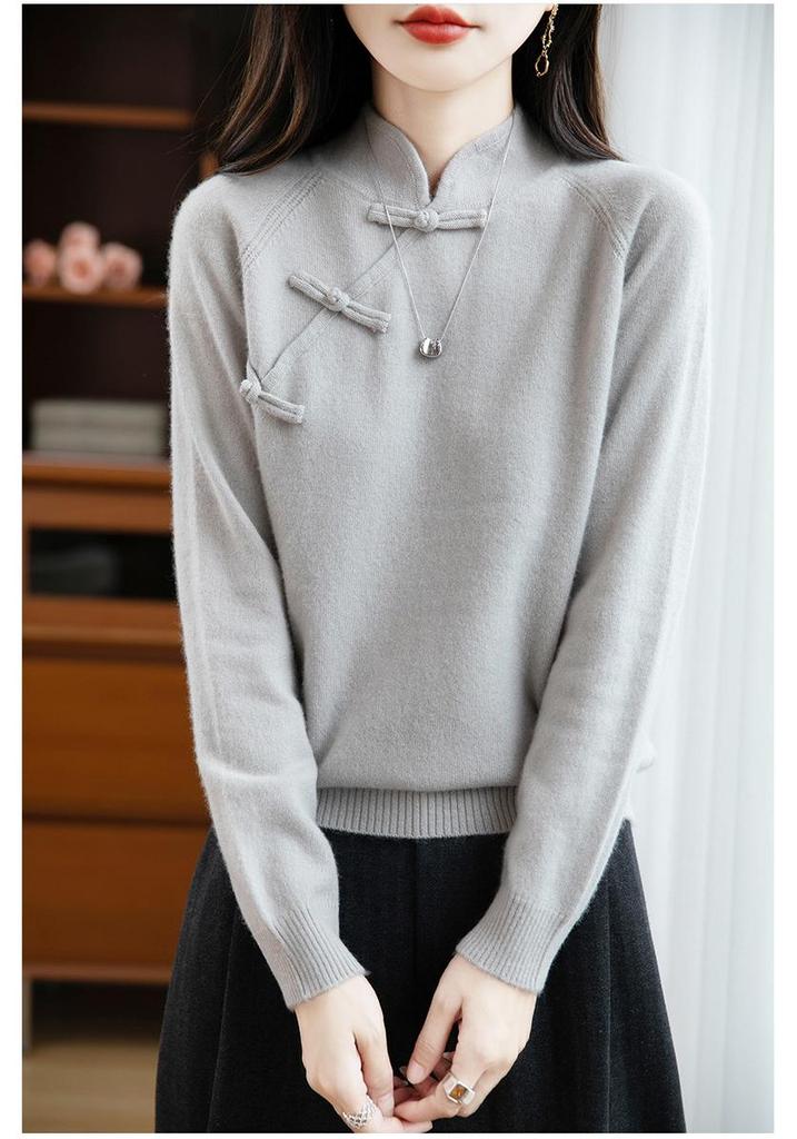 Women's Retro Chinese Style Stand Collar Wool Sweater with Frog Buttons