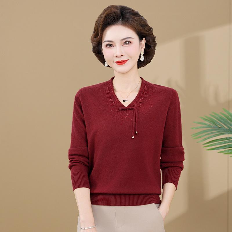 2025 New Style Red Winter Base Layer Top for Middle-Aged Women - Thickened Knitted Sweater