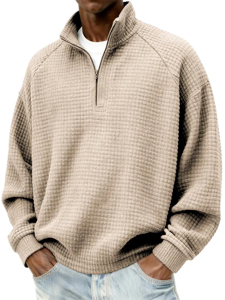 Men's Vintage Check Textured Zip Sweatshirt Stand Collar Long Sleeve Casual Pullover
