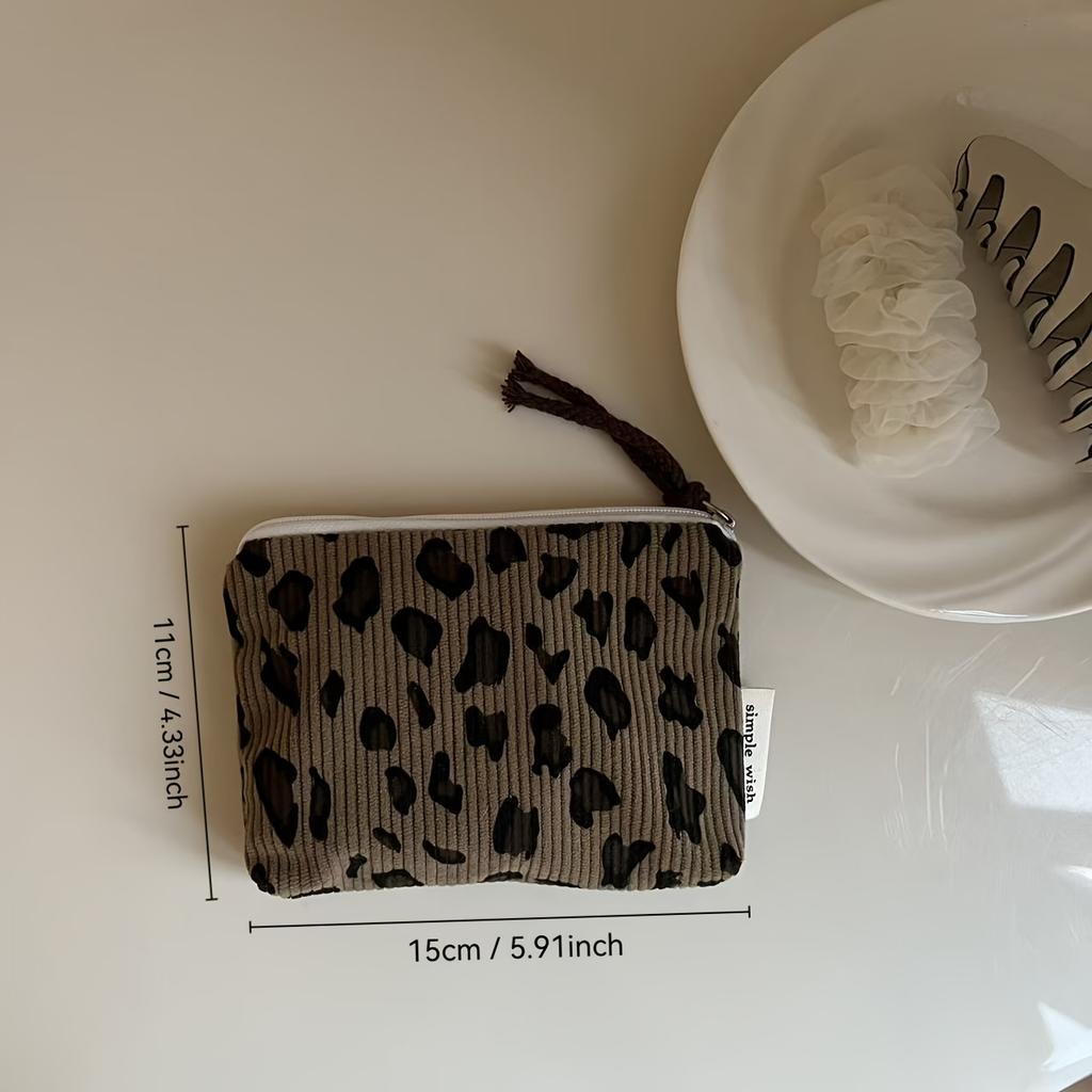Vintage Leopard Print Mini Corduroy Bag Unisex Portable Travel Storage Pouch for Coin Key Earphone Lipstick Sanitary Pad