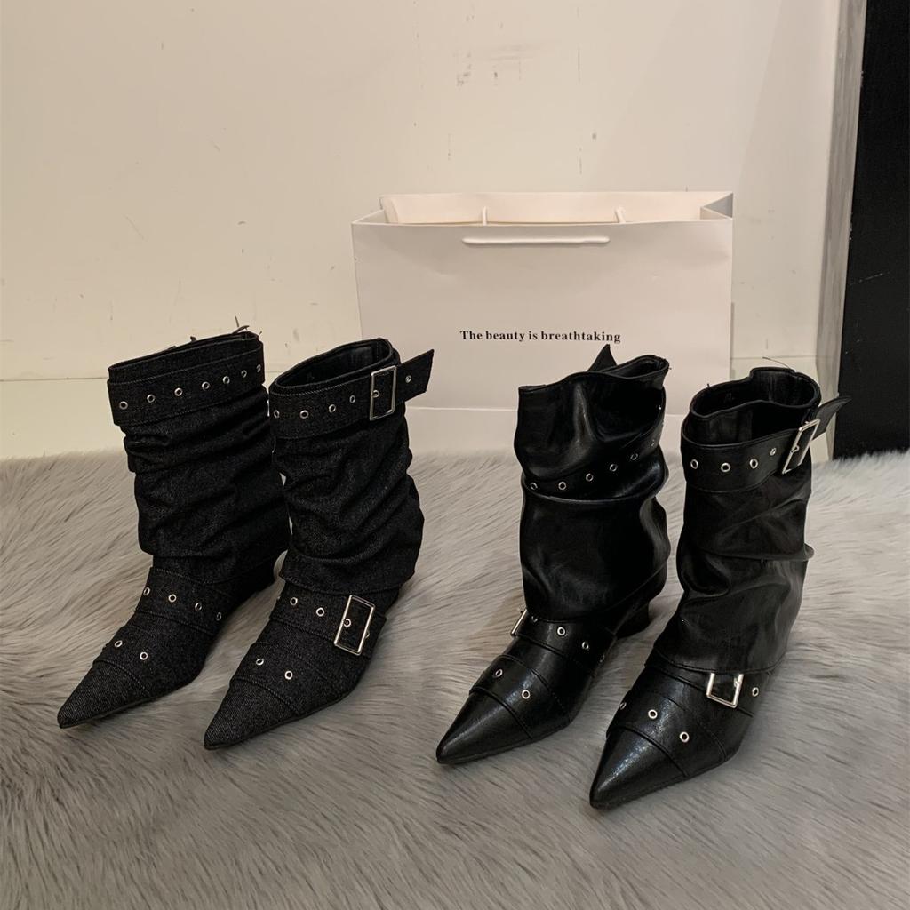 Winter and Autumn New Niche Denim Wedge Heel Pants Boots Women's Pointed Belt Buckle High Heel Folded Short Boots Stacking Boots