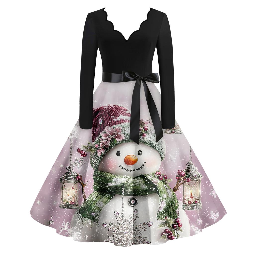 Women's Casual Fashion Christmas Holiday Print V-neck Vintage Dress