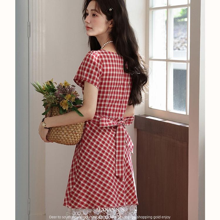 French square collar red lace plaid splicing women's summer small retro medium and long dress comfortable casual dress