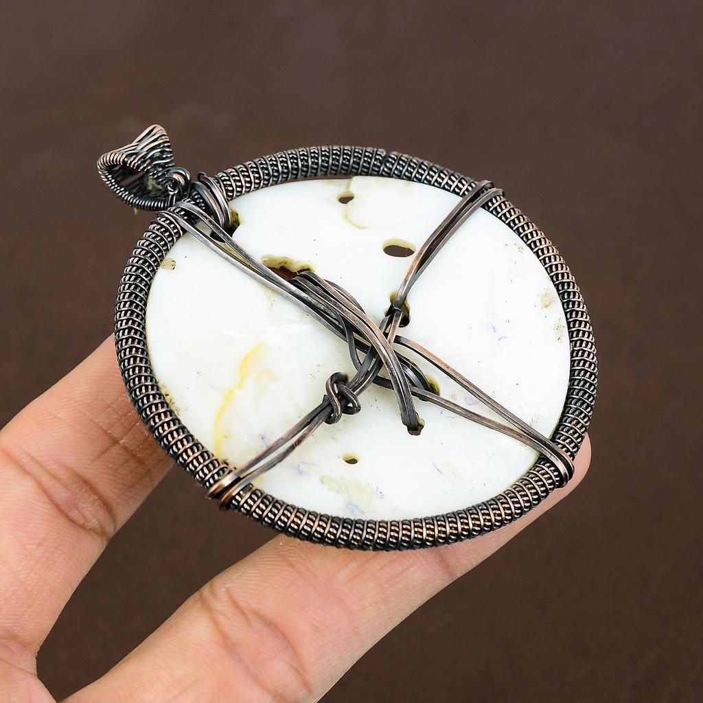 Natural Carved Mother Of Pearl Handmade Copper Wire Wrap Pendant 3.15" P2j10