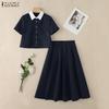 ZANZEA Women Short Sleeve Blouse and Long Skirts Casual Two Piece Suit Sets
