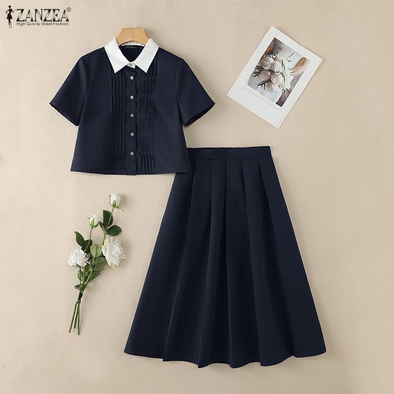 ZANZEA Women Short Sleeve Blouse and Long Skirts Casual Two Piece Suit Sets