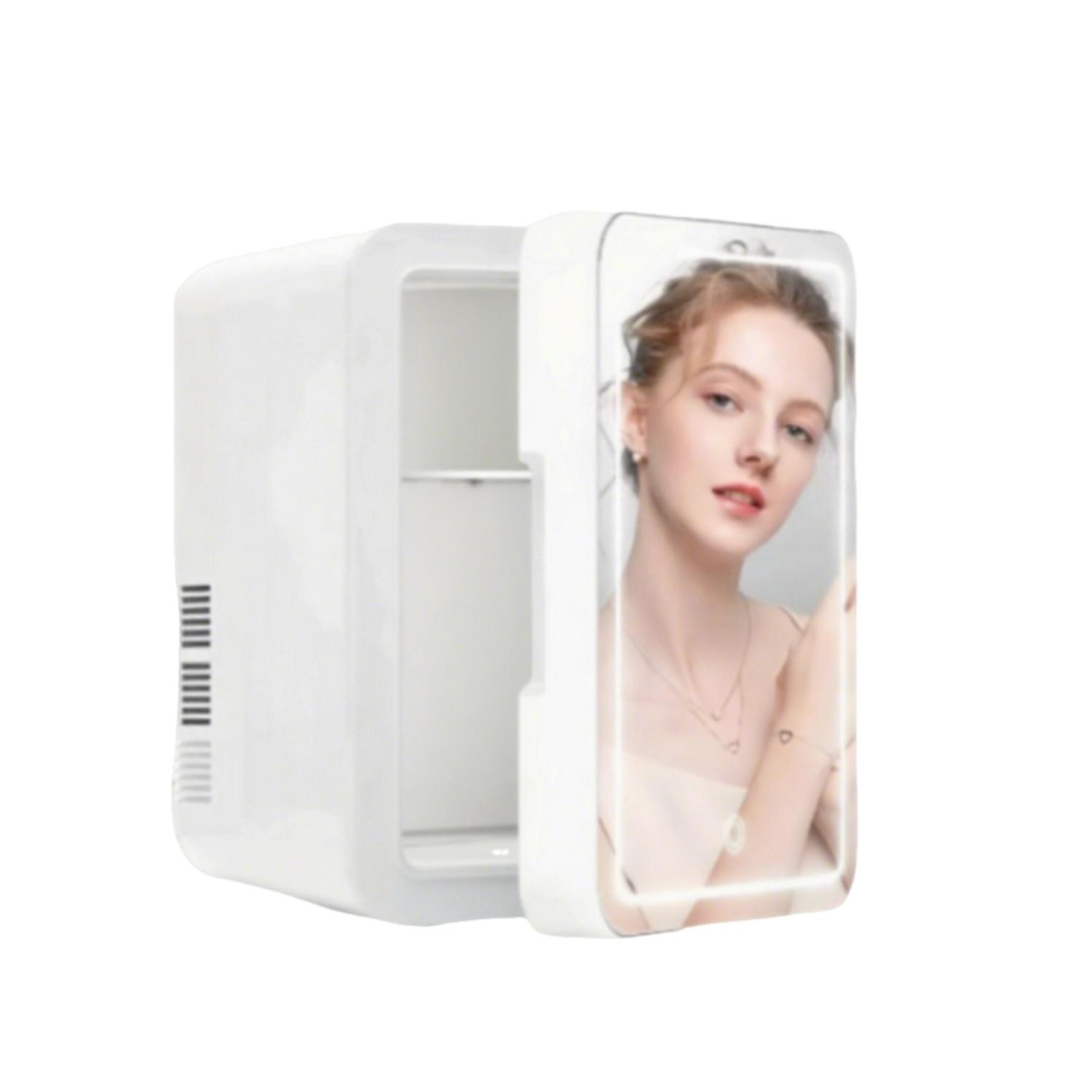 

Мини-холодильник SkincareGlow 4 л на 6 банок с регулируемым светодиодным зеркалом, охладитель-подогреватель для макияжа, ухода за кожей, еды, портативный, для спальни, офиса, автомобиля