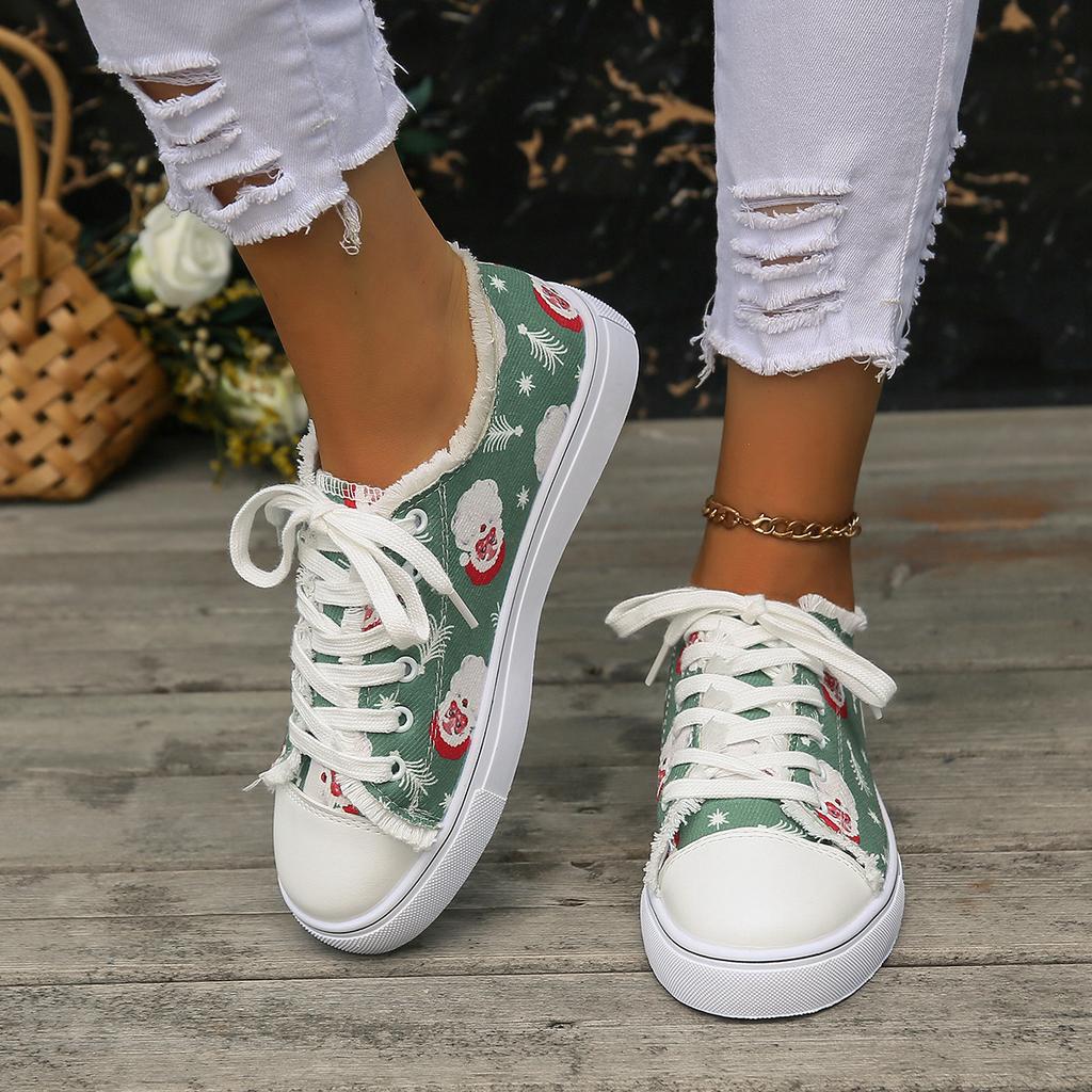 Christmas Casual Flat Baseplate Shoes Women's Large Size Santa Pattern Lace-up Canvas Shoes