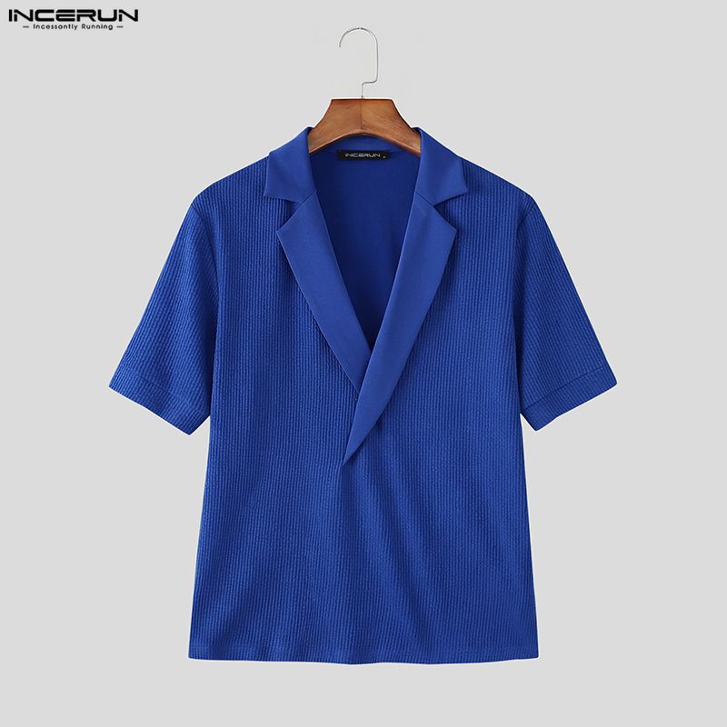 INCERUN Summer Men V Neck Short Sleeve Striped Rib Casual T-shirts Tops