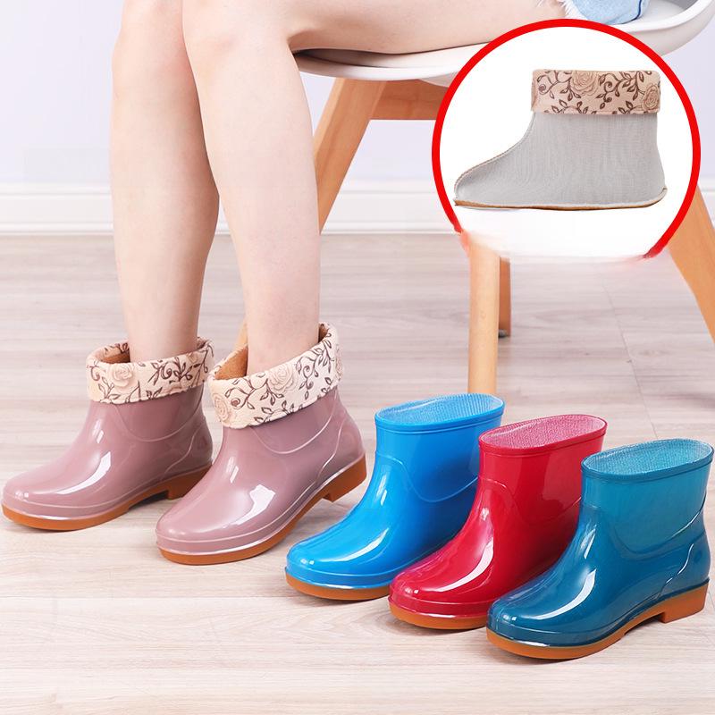 Women's Double Back Low Tube Non-Slip Rain Boots - Waterproof, Fashionable, Warm Cotton Lining, Ideal for Kitchen and Work.