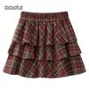 Spring 2026 High-Waisted Layered Red Plaid A-line Short Skirt