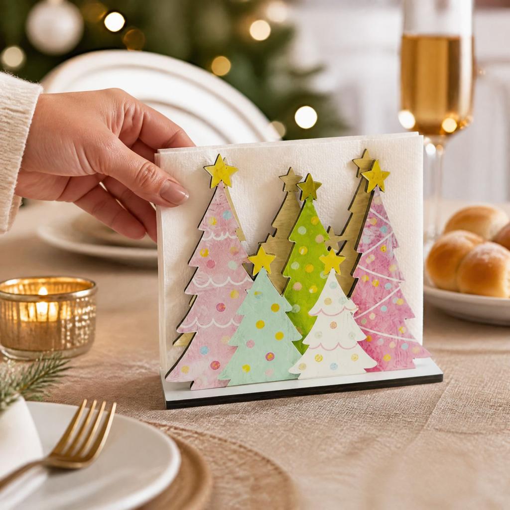 Wooden Christmas Tree Napkin Holder with Polka Dot Design, Holiday Tabletop Decoration