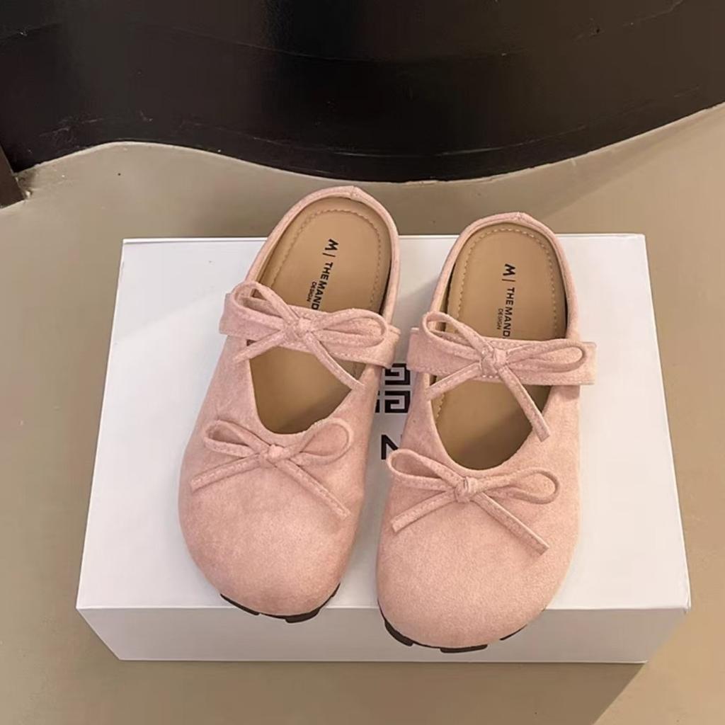 Double Bow Bag Head Slippers Women's 2025 Autumn New Fashion Casual Suede Flat Bottom Solid Color Half Drag Women