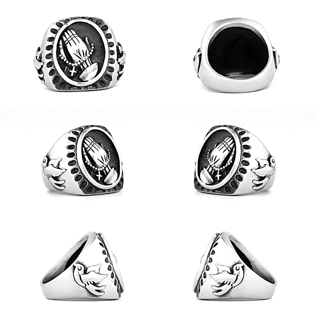 Retro Praying Hands Large Ring For Men Stainless Steel Ring Punk Gothic Hiphop Accessories Christian Jewelry Gift For Family