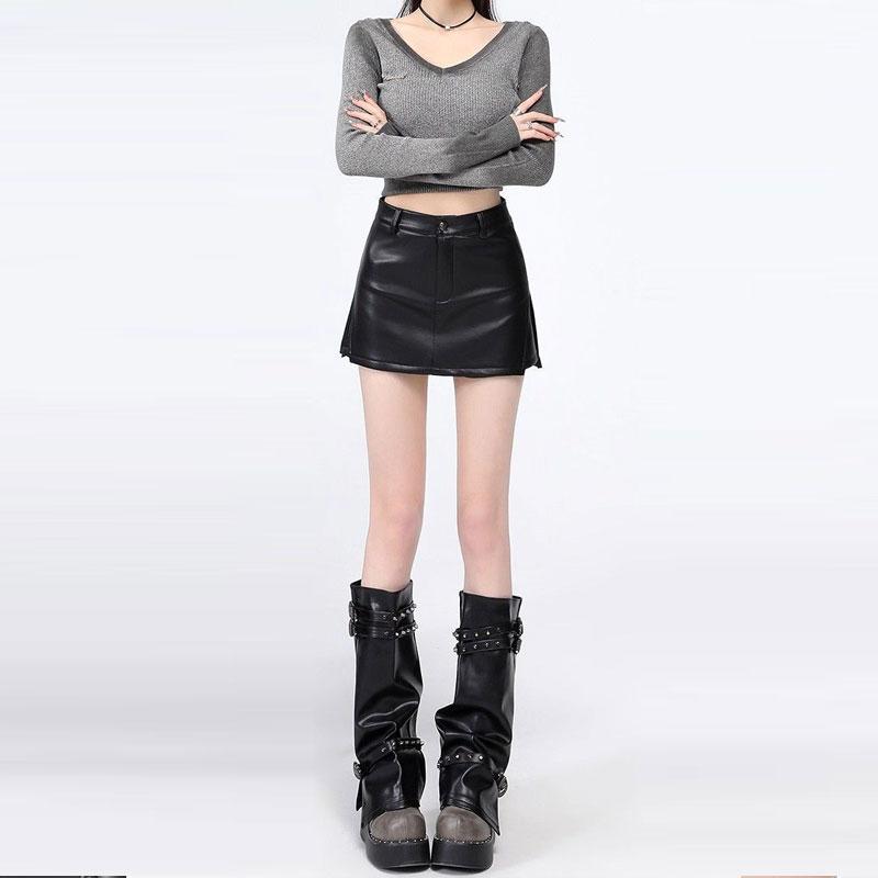 Women's Pu Leather Skirt Y2k High Waist Slit A-line Shorts Mini Skirt Slim Fit Female Clothing Autumn Winter