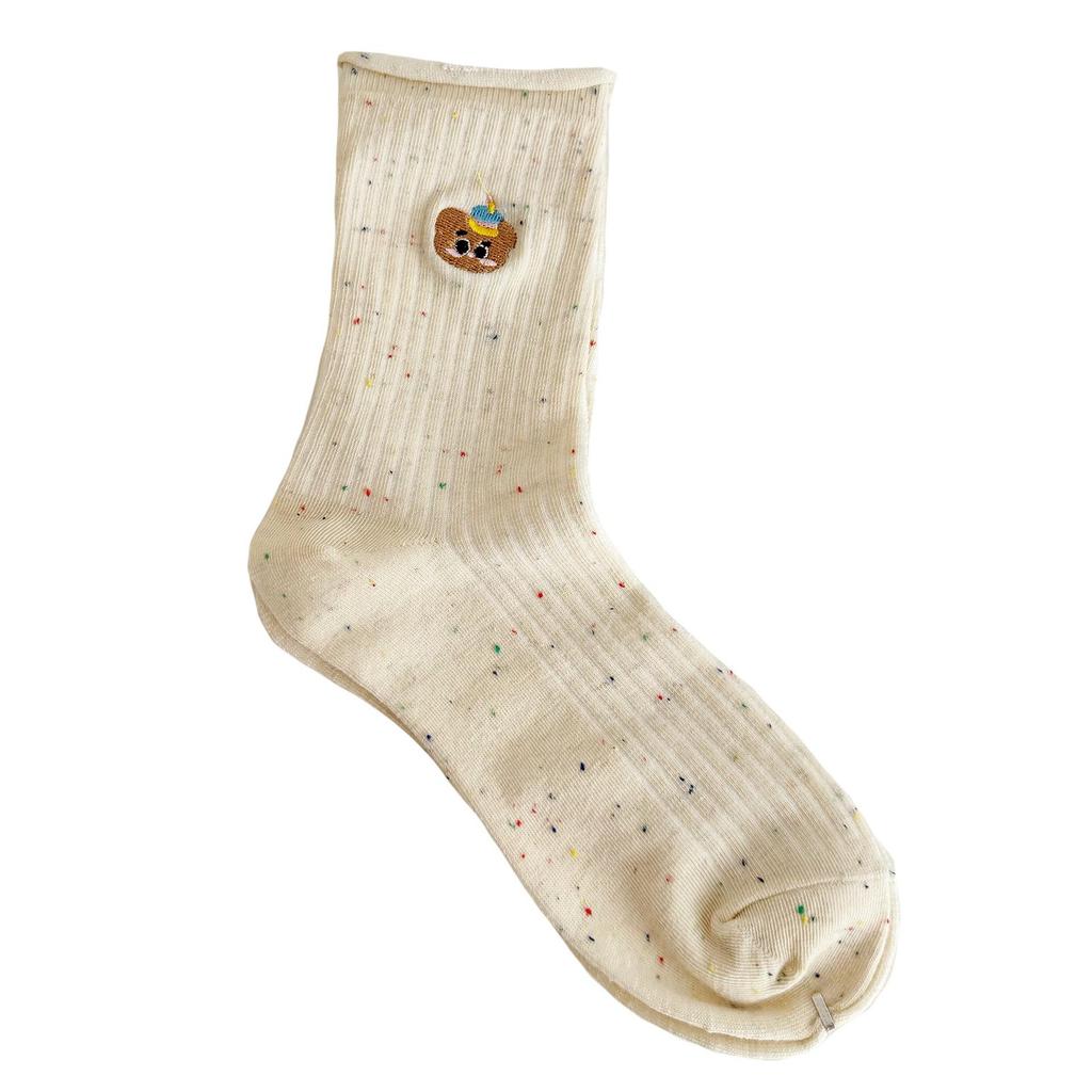 Women's Colorful Polka Dot Cartoon Embroidery Mid-Calf Gauze Socks - Korean Style Cute Rolled Edge