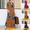 In-Stock 2024 Cotton Linen Print Turn-Down Collar Long Sleeve Patch Pocket Loose Casual Shirt Dress