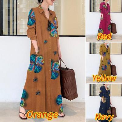 In-Stock 2024 Cotton Linen Print Turn-Down Collar Long Sleeve Patch Pocket Loose Casual Shirt Dress
