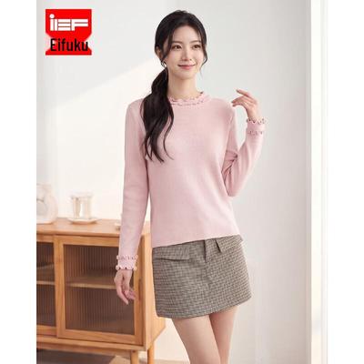 IEF Women's Elegant Crew Neck Lace-Trim Knit Sweater