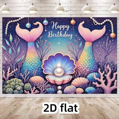 2D Underwater Ocean Mermaid Backdrop, Purple & Pink Birthday Decoration Background