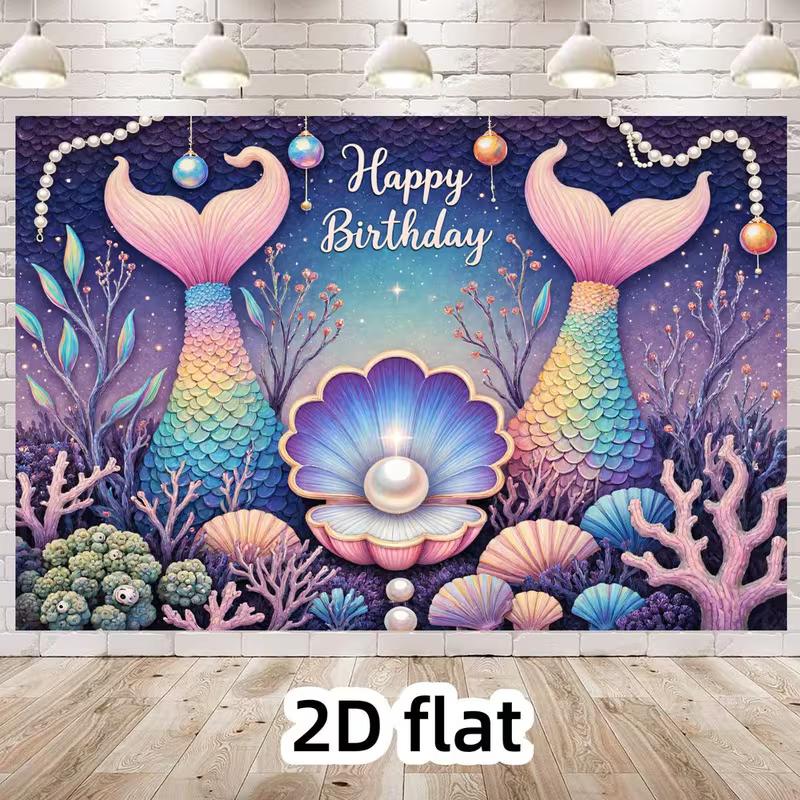 2D Underwater Ocean Mermaid Backdrop, Purple & Pink Birthday Decoration Background