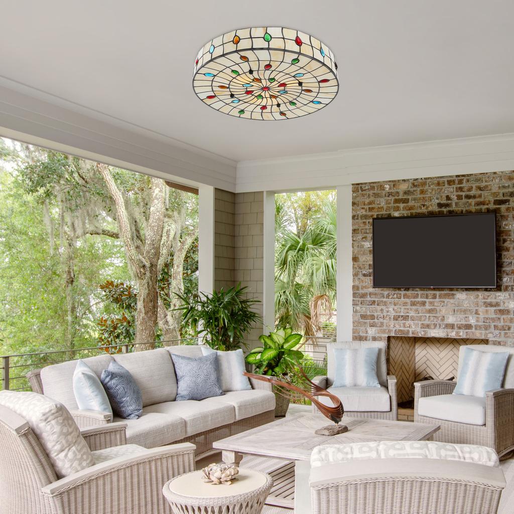 Tiffany Style Flush Mount Ceiling Light W/ E26 Holder– 18 Inch Round Modern Ceiling Lamp W/ Peacock Pearls for Bedroom, Kitchen