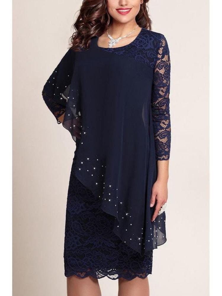 Elegant Solid Color Slim Dress with Lace Trim and Three Quarter Sleeves