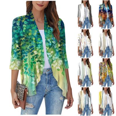 Haut court décontracté à manches courtes et col en V pour femme, imprimé tendance, cardigan doux et drapé à volants