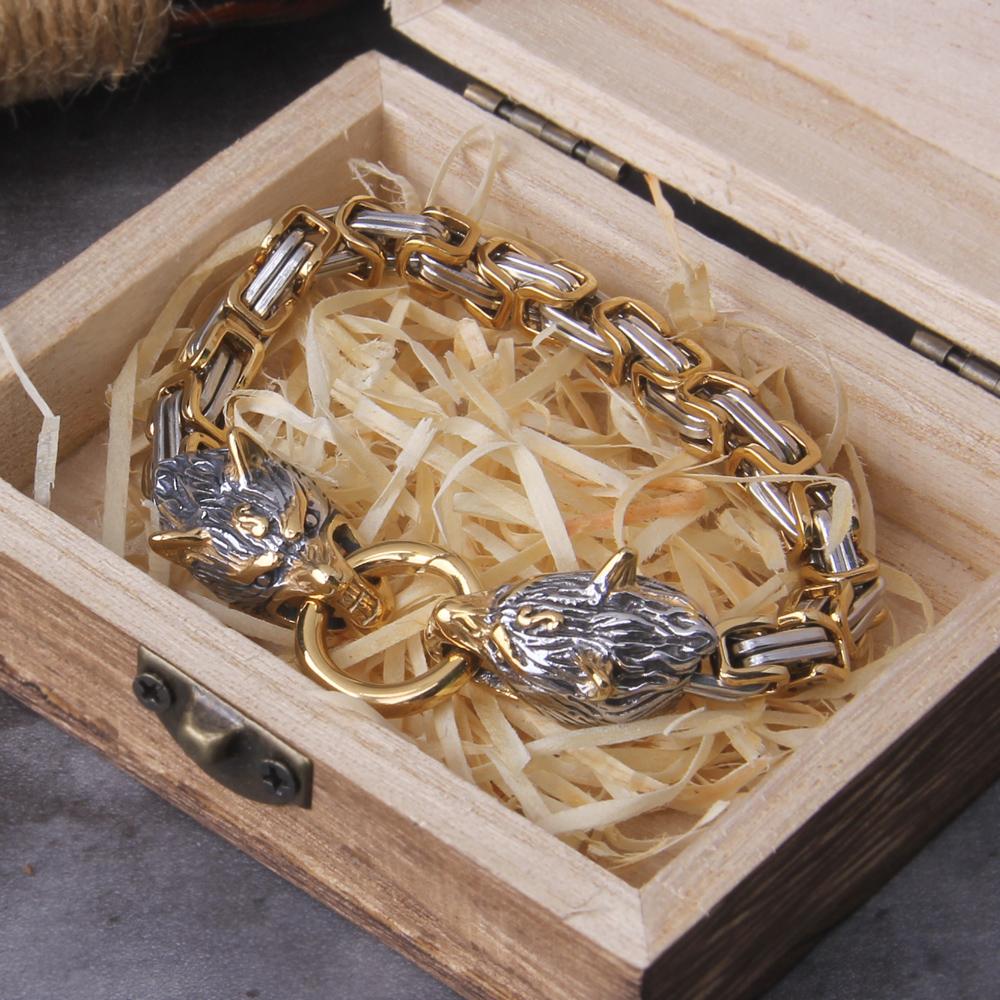 Bracciale con Ciondolo Lupo Vichingo in Acciaio Inossidabile a Maglia Rete, Gioielli Punk Biker da Uomo, Colore Inalterabile