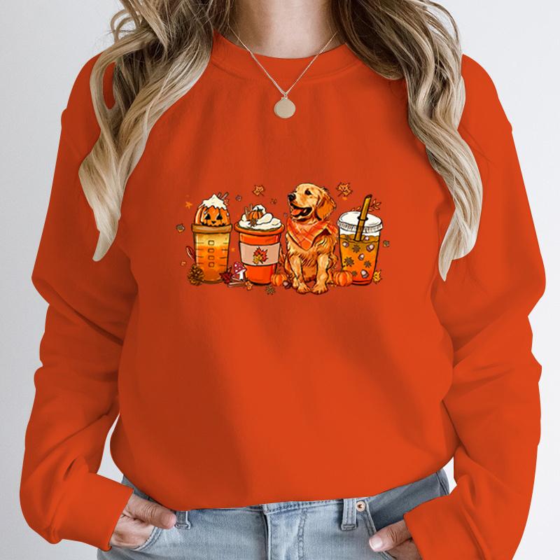 Fall Pumpkin Coffee Golden Retriever Print Sweatshirts Autumn Winter Long Sleeve Round Neck Pullovers Casual Hoodless Sweatshirt