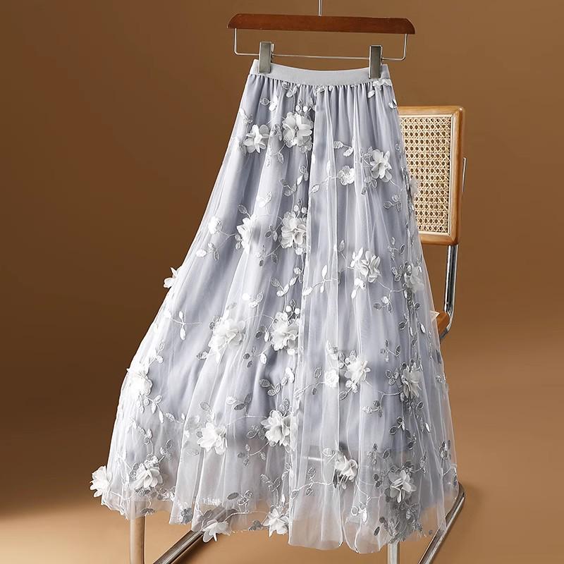 Women's Plus Size Ethnic Embroidered Floral Mesh A-Line Skirt