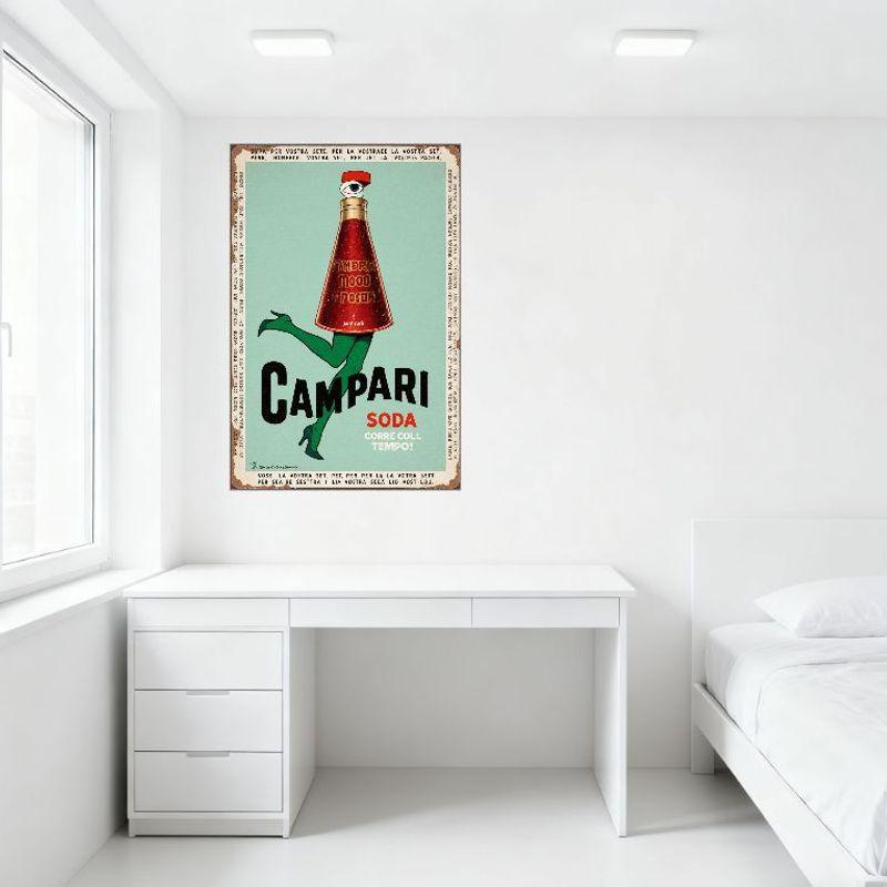 Vintage Campari Soda Metal Tin Sign, Anthropomorphic Bottle Design, Italian Text, Retro Distressed Edge, Home Bar Man Cave Decor
