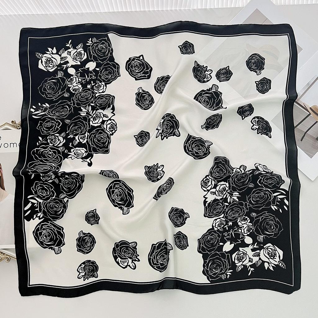 Xiaoxiangfeng rose flower printing silk scarf women's versatile summer imitation silk small square scarf light and simple foreign style scarf