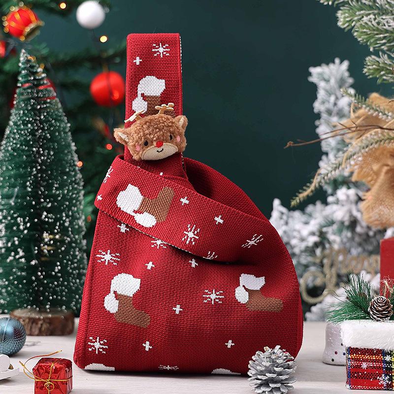 Christmas Apple Flannel Drawstring Gift Bag with Bowknot for Children's Candy