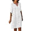Women Summer Dress Mid Sleeves V-neck Solid Color Loose Pullover Daily Wear Flower Print Casual Lady Midi Dress Female Clothes