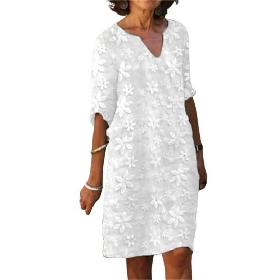 

Женское летнее платье со средними рукавами и v-образным вырезом, однотонный свободный пуловер, повседневная одежда, повседневное женское платье миди с цветочным принтом, женская одежда XL белый