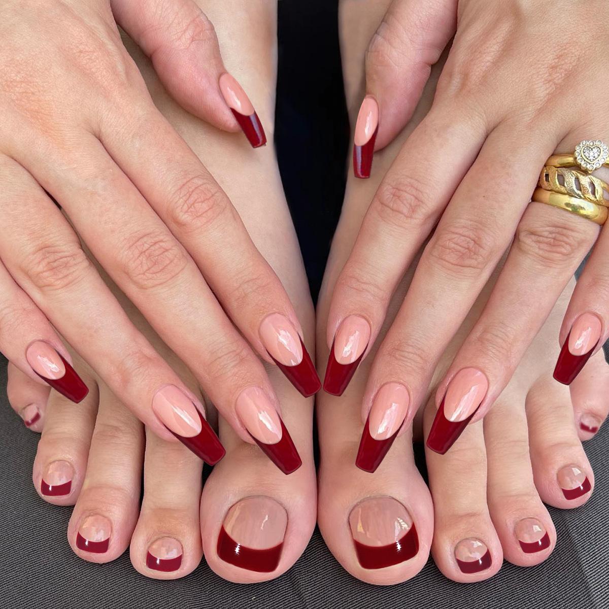 48PCS Hand Foot manicure combo Series Artificial False Nails Toenails Fashion Solid Color French Wearable Finished Fake Nails