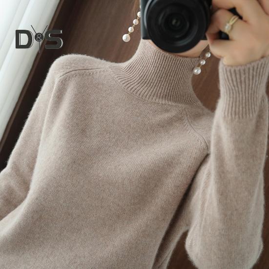 Women Sweater High Collar Long Sleeve Ribbed Trim Knitting Tops Solid Color Loose Fit Thickened Bottoming Tops