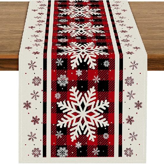 72 X 13 Inch Christmas Table Runner – Red and Black Plaid Christmas Tree and Ornament Holiday Table Decoration with Snowflakes for Dining Room,