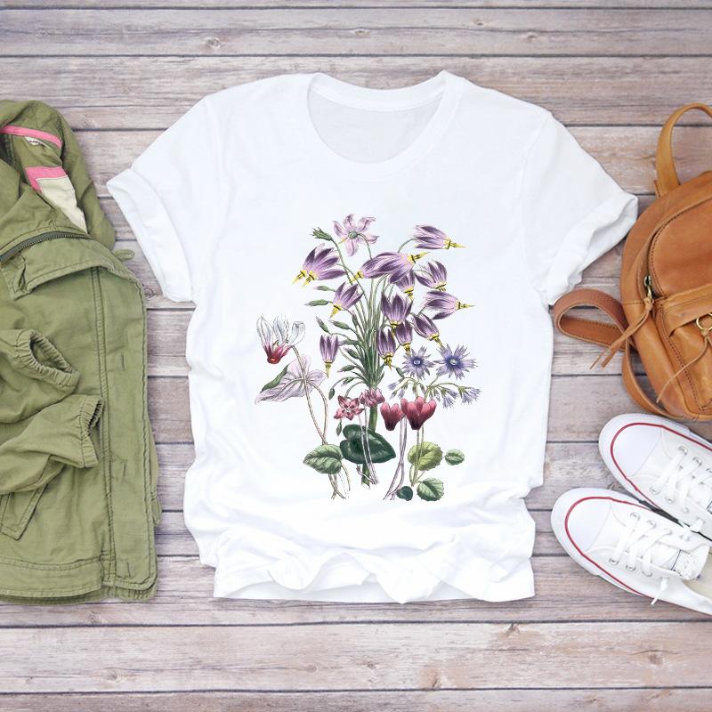 Summer Round Neck Floral Print Top Fashionable Casual Short Sleeved Women's Pure Cotton T-shirts