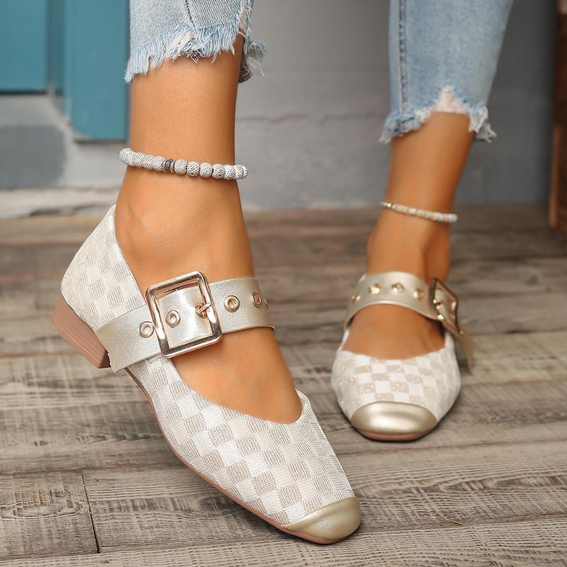fashion Elegant Plaid Pattern Mary Jane Shoes for Women Metal Buckle Ankle Strap Pumps Woman Comfort Low Heels Single Shoes Plus Size