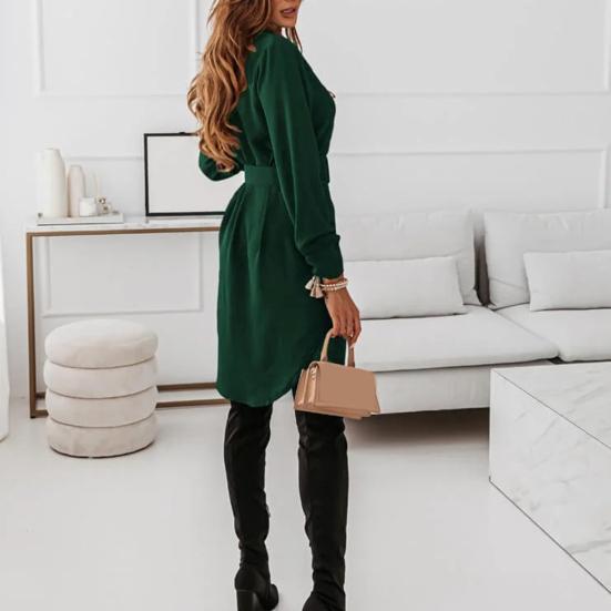 Lady Dress Solid Color Turn-down Collar Cardigan Single-breasted Mini Dress for Daily Wear