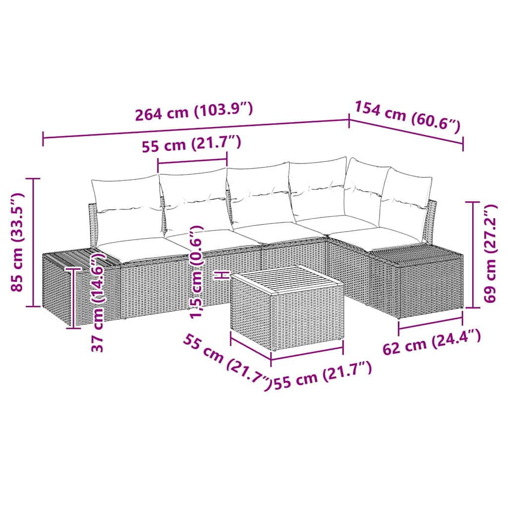 6 Piece Garden Sofa Set with Storage Black and Cream Poly Rattan