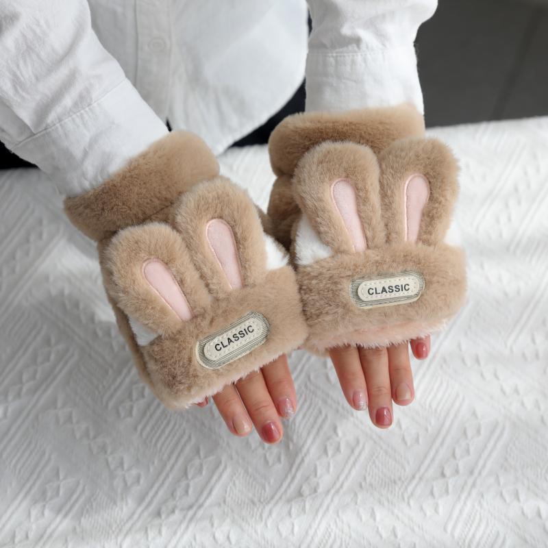 

Женские зимние перчатки с милым кроликом из плюша — теплые, без пальцев, откидной дизайн для письма и езды на велосипеде One Size хаки