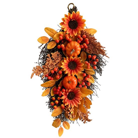 Reusable Autumn Harvest Ornament Fall Sunflower Swags Wreath, Maple Leaves And Berries Hanging Decor Artificial Wreath for Front Door Seasonal