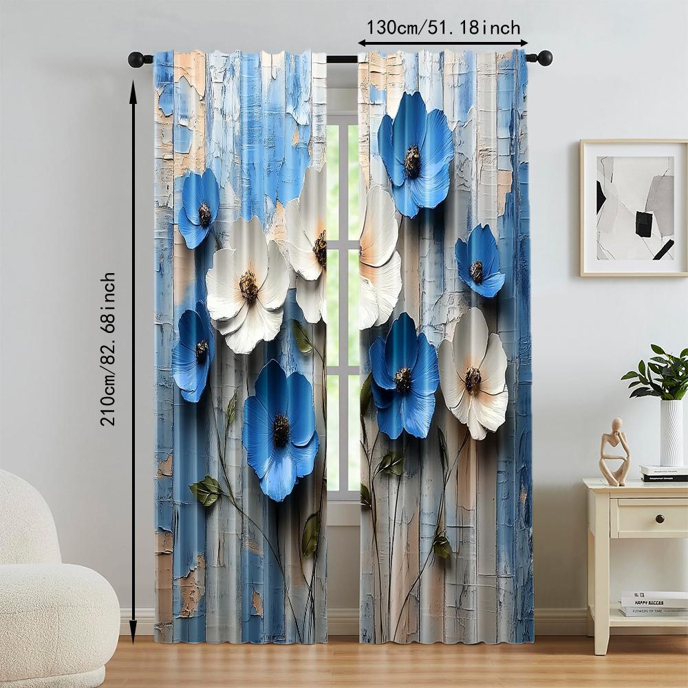 2 Stück, vielseitige transparente Polyestervorhänge zur Heimdekoration Pastoral Blau und Weiß Floral zur Verwendung in Schlafzimmern und