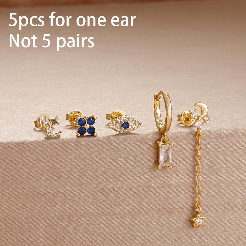 5PCS Stainless Steel Star Moon Minimal Hoop Earrings Set Small Helix Tragus Cartilage Huggie Piercing Earring Women's Jewelry